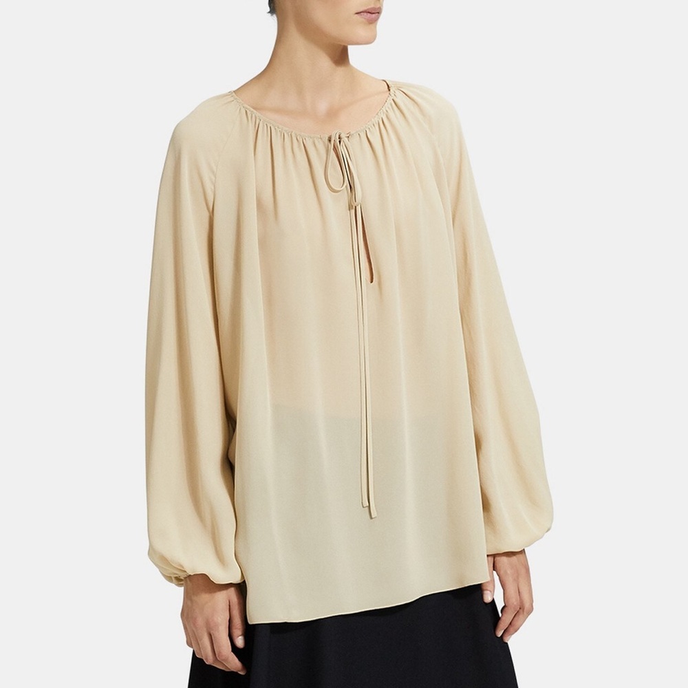 THEORY Gathered Long Sleeve Silk Top Tan